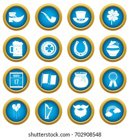 Saint Patrick icons blue circle set isolated on white for digital marketing