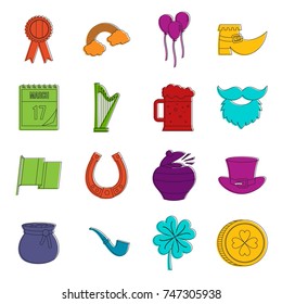 Saint Patrick icons set. Doodle illustration of vector icons isolated on white background for any web design
