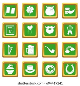 Saint Patrick icons set in green color isolated vector illustration for web and any design