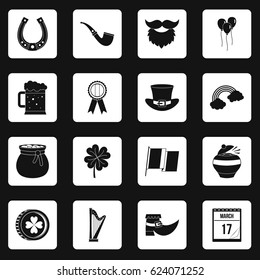Saint Patrick icons set in white squares on black background simple style vector illustration