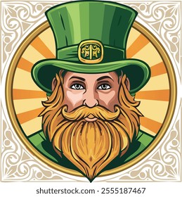 Saint Patrick illustration, surrounded by a textured, colorful burst background.