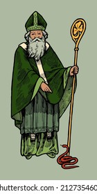 Saint Patrick Irish Apostle Full Figure With Staff And A Snake. Vintage Isolated St. Patrick's Day Person Vector Illustration.