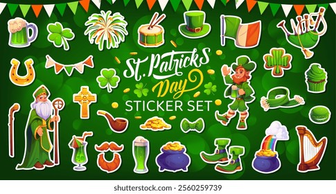 Saint Patrick Irish holiday characters stickers pack. Cartoon vector leprechaun, shamrock, top hat, beer mug, rainbow and bishop. Cross, garland, smoking pipe and pot of gold iconic festive symbols