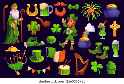 Saint Patrick Irish holiday characters and decorations. Cartoon vector set of leprechaun, shamrock, pot of gold with rainbow, flag, harp, musical instruments, and fireworks for festive celebration