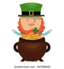 Saint Patrick in a large pot of gold. A truly traditional holiday. Vector illustration isolated on white background.