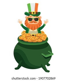 saint patrick leprechaun character with sunglasses in treasure cauldron vector illustration design