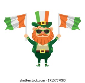 saint patrick leprechaun character with sunglasses and ireland flags vector illustration design