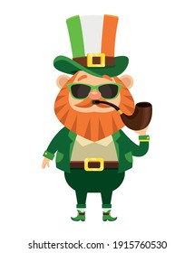 saint patrick leprechaun character with sunglasses smoking pipe vector illustration design