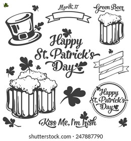 Saint Patrick lettering and illustration black and white isolated set 