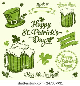 Saint Patrick lettering and illustration colored set 