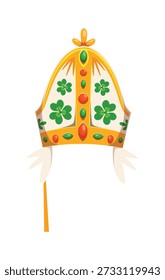 Saint Patrick miter hat photo booth mask. Saint Patrick day carnival vector mask, Irish folk holiday prop. Ireland party kids photo booth costume element with christian saint or bishop miter hat