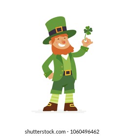 Saint Patrick - modern vector cartoon people characters illustration isolated on white background. An image of a cheerful smiling bearded leprechaun in traditional green suit and hat holding a clover