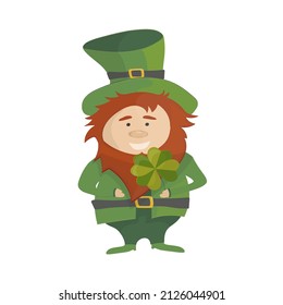 Saint Patrick. National Irish holiday. Vector illustration isolated on white background. Cartoon Leprechaun in green coat and hat. Saint Patricks Day
