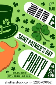 Saint Patrick party poster design, 17 March celebration invitation. Vector illustration