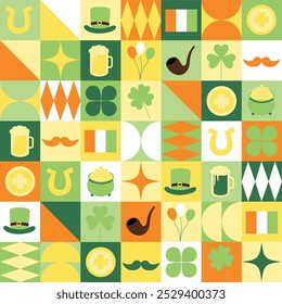 Saint patrick pattern, modern, abstact, bauhaus, background, beer, holiday,  festive, celebration, ireland, march, hat, clover, luck, texture, print, flat style, vector illustration. 