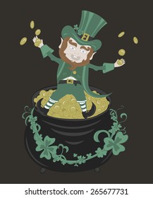Saint Patrick  playing with golden coins sitting on a pot of gold.