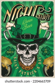 Saint Patrick poster colorful vintage skull in green hat with yarrow and caption night party for Irish holiday vector illustration