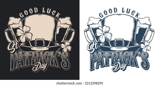 Saint Patrick Poster Vintage Monochrome Hat Adorned With Yarrow And Mug Beer Or Ale For Irish Party Day Vector Illustration