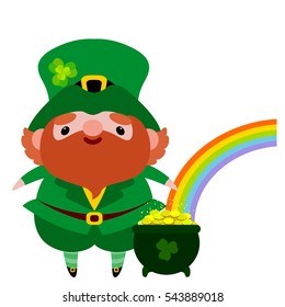 Saint Patrick with pot of gold on the rainbow background. Postcard for St. Patrick's day