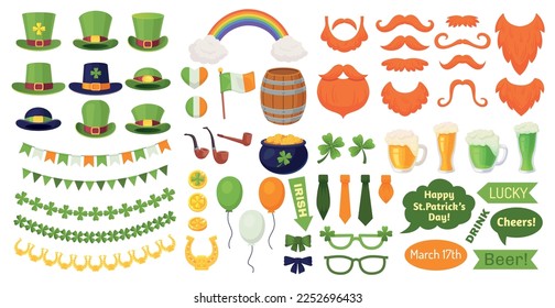 Saint patrick props. St patricks day booth elements, irish leprechaun hat costume for photobooth, ireland symbol rainbow gold pot shamrock mustache, ingenious vector illustration