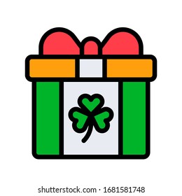 Caja de regalo relacionada con San Patricio con cinta y vector de flor de trébol con trazo editable
