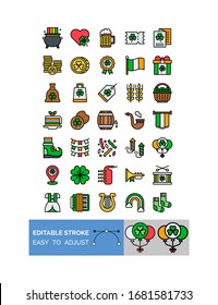 Saint Patrick related heart, beer mug, flag, barrel, smoke pipe, bagpipe, coins sack, clover flower, price tag, rainbow pot, dress, banner, rainbow, cake, and gift box vector with editable stroke