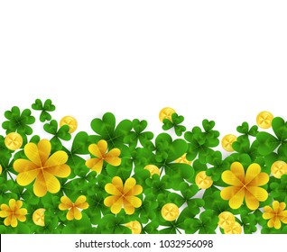 Saint Patrick s Day border with green and gold four and three Leaf clovers,golden coins on white background. Party invitation template. Lucky,success and money symbols vector illustration