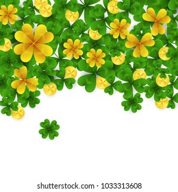 Saint Patrick s Day border with green and gold four and three Leaf clovers,golden coins on white background. Party invitation template. Lucky,success and money symbols vector illustration