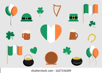 Saint Patrick s Day - Flat Icon Set - Pot of Gold, Clover Leaves, Leprechaun, Hat, Beer, Horseshoe, Balloons, Flag, Heart and Harp