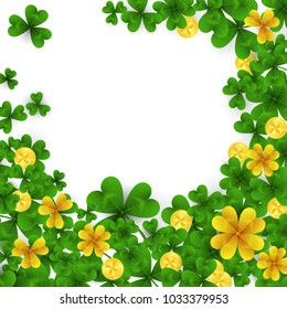 Saint Patrick s Day frame with green and gold four and three Leaf clovers,golden coins on white background. Party invitation template. Lucky,success and money symbols vector illustration