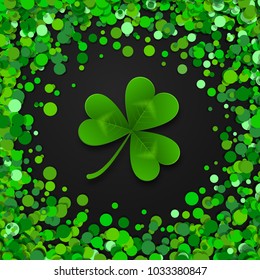 Saint Patrick s Day frame with green four and tree leaf clovers on black background. Vector illustration. Party invitation design, typographic template. Lucky and success symbols