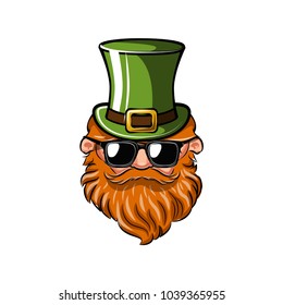 Tarjeta de saludo del Día de San Patricio. Leprechaun con sombrero verde, bigote rojo, barba y gafas de sol. Ilustración vectorial.