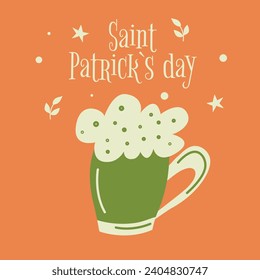 Tarjeta de saludo del Día de San Patricio con cerveza verde. Ilustración del vector