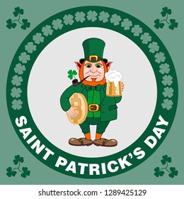 Saint Patrick s Day party flyer. Leprechaun with a mug of beer, a smoking pipe and bitcoin