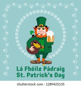 Saint Patrick s Day party flyer. Leprechaun with a mug of beer, a pipe and a pot of gold coins