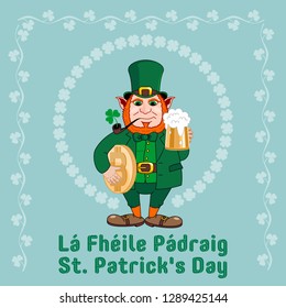 Saint Patrick s Day party flyer. Leprechaun with a mug of beer, a smoking pipe and bitcoin