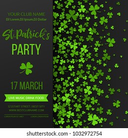 Saint Patrick s Day poster with green four and tree leaf clovers on black background. Vector illustration. Party invitation design, typographic template. Lucky and success symbols