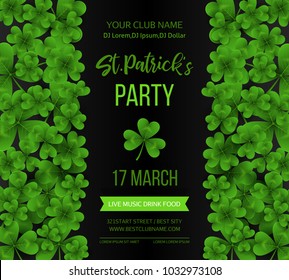 Saint Patrick s Day poster with green four and tree leaf clovers on white background. Vector illustration. Party invitation design, typographic template. Lucky and success symbols