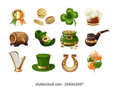 Saint Patrick s Day set. Traditional icons on the holidays Saint Patrick s - pot of gold, green shoe, hat, beer, barrel, smoking pipe, horseshoe, clover, Irish gold coins, harp vector illustration