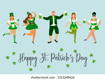 Saint Patrick 's Day. Template with funny dancing people in festive costumes. Vector illustration. Idea for banner, poster, card, postcard and printable.