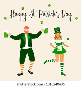 Saint Patrick 's Day. Template with funny dancing people in festive costumes. Vector illustration. Idea for banner, poster, card, postcard and printable.