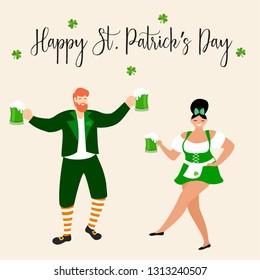 Saint Patrick 's Day. Template with funny dancing people in festive costumes. Vector illustration. Idea for banner, poster, card, postcard and printable.