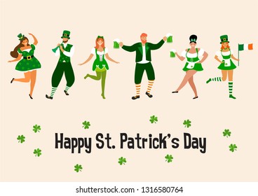 Saint Patrick 's Day. Template with funny dancing people in festive costumes. Vector illustration. Idea for banner, poster, card, postcard and printable.