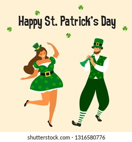 Saint Patrick 's Day. Template with funny dancing people in festive costumes. Vector illustration. Idea for banner, poster, card, postcard and printable.