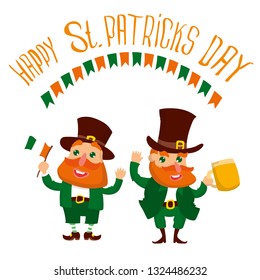 Saint Patrick 's Day. Template with funny Leprechaun. Vector illustration. Idea for banner, poster, card, postcard and printable.