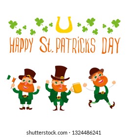 Saint Patrick 's Day. Template with funny Leprechaun. Vector illustration. Idea for banner, poster, card, postcard and printable.