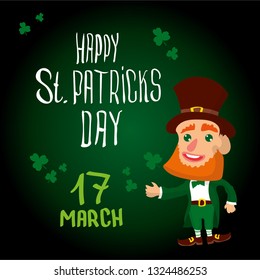 Saint Patrick 's Day. Template with funny Leprechaun. Vector illustration. Idea for banner, poster, card, postcard and printable.