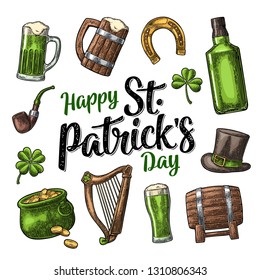 Saint Patrick s Day. Top gentleman hat, Pot of gold coins, whiskey, smoking pipe, beer glass, lyre, horseshoe, clover, barrel. Vector vintage color engraved illustration. Isolated on white background