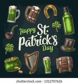 Saint Patrick s Day. Top gentleman hat, Pot of gold coins, whiskey, smoking pipe, beer glass, lyre, horseshoe, clover, barrel. Vector vintage color engraved illustration. Isolated on dark background.