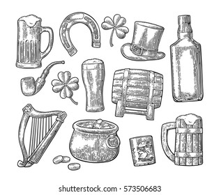 Saint Patrick s Day. Top gentleman hat, Pot of gold coins, whiskey, smoking pipe, beer glass, lyre, horseshoe, clover, barrel. Vector vintage engraved illustration. Isolated on white background.